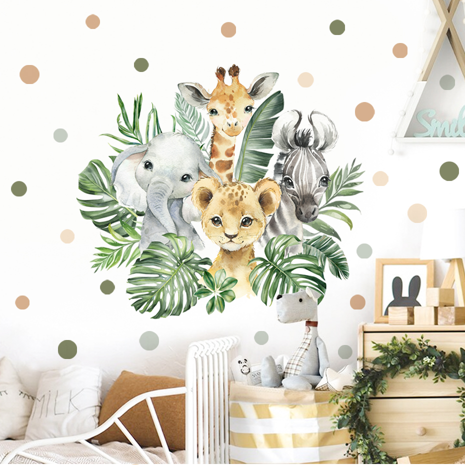 Baby Nursery Set Furniture - Cartoon Jungle Animals Leaves Watercolor Vinyl