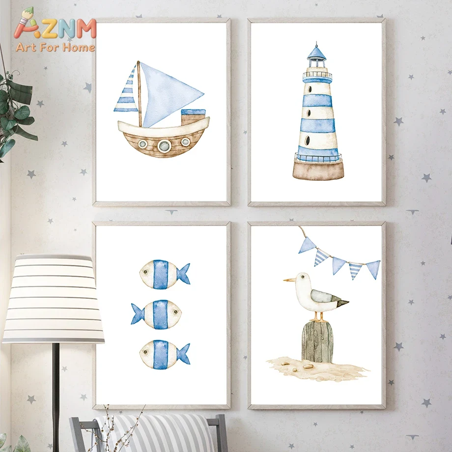 Baby Nursery Home - Sailboat Lighthouse Fish Nautical Nursery Posters