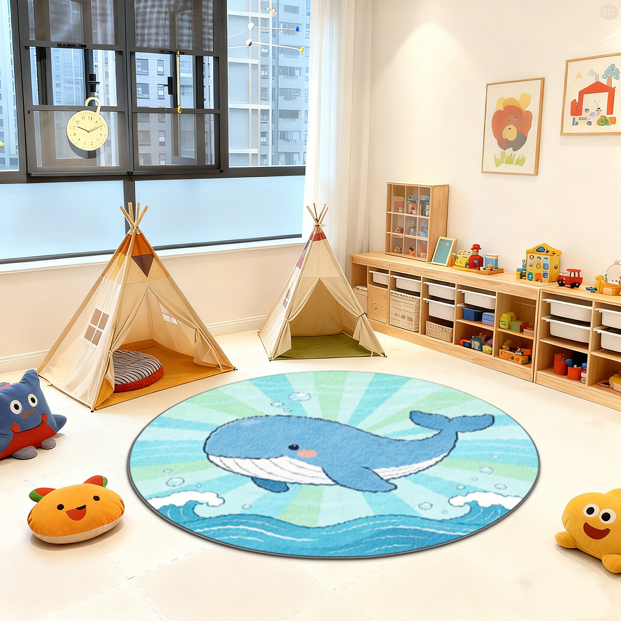 Baby Nursery Decor Ideas - Soft Whale Ocean Round Rug for