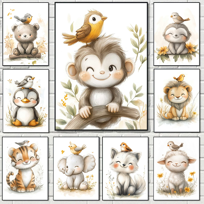 Baby Nursery Home - Boho Style Cartoon Animal Illustrations Posters